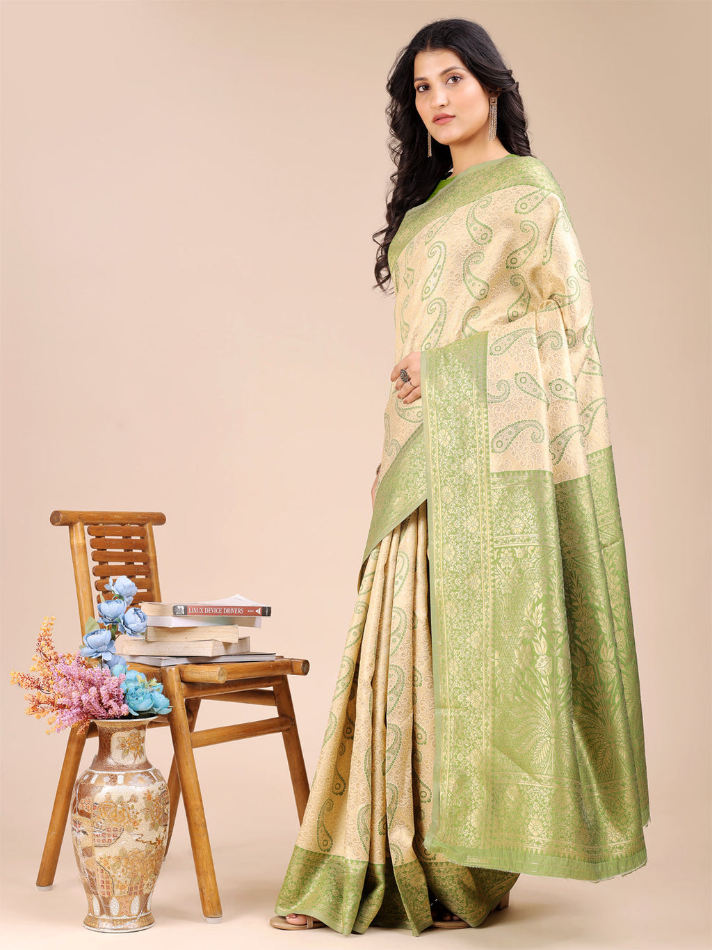 Shree Shyam Fashion Cream & Light Green Banarasi silk Woven Zari Work Traditional Tassel Saree