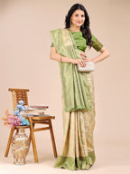 Shree Shyam Fashion Cream & Light Green Banarasi silk Woven Zari Work Traditional Tassel Saree