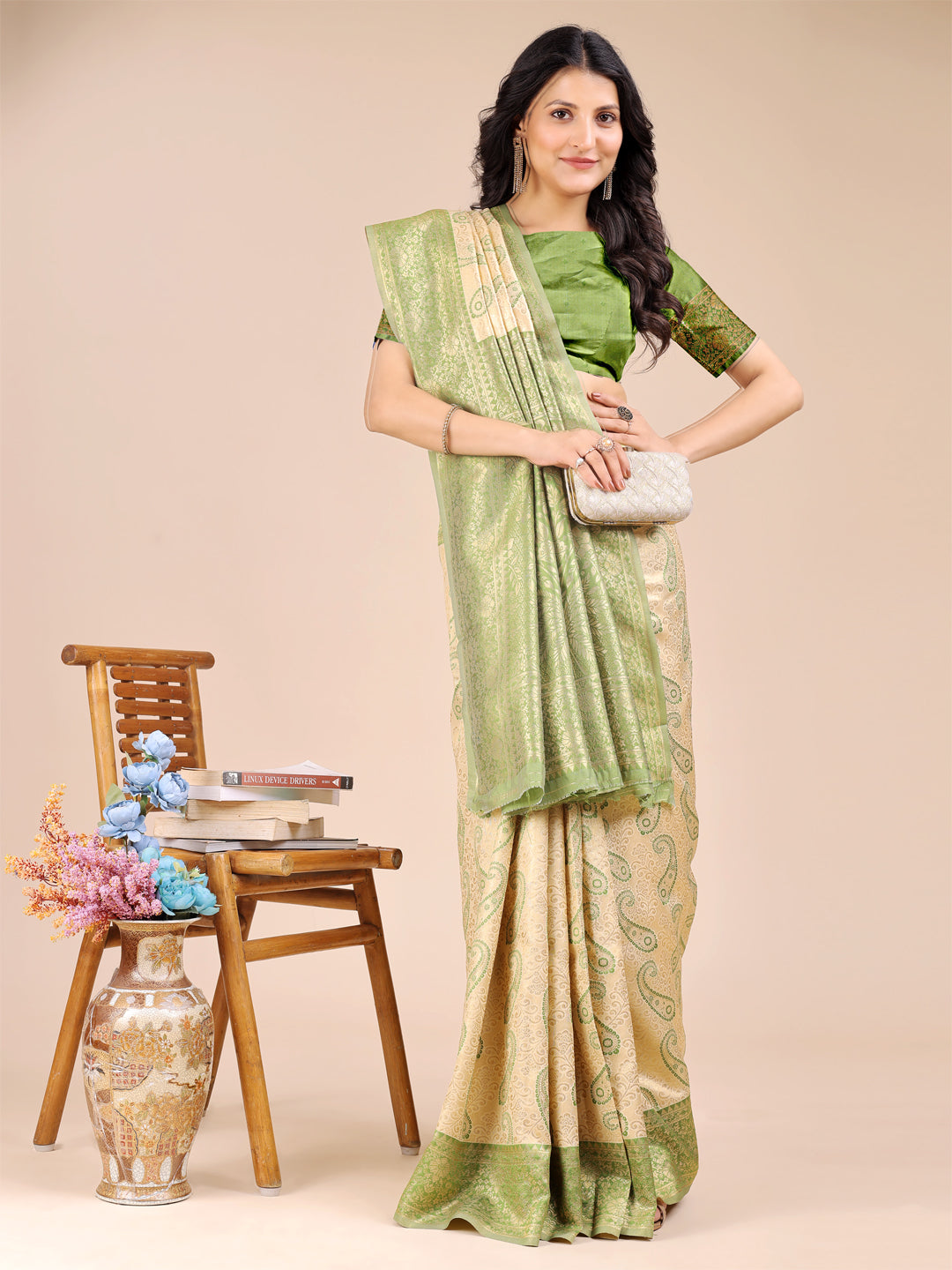Shree Shyam Fashion Cream & Light Green Banarasi silk Woven Zari Work Traditional Tassel Saree
