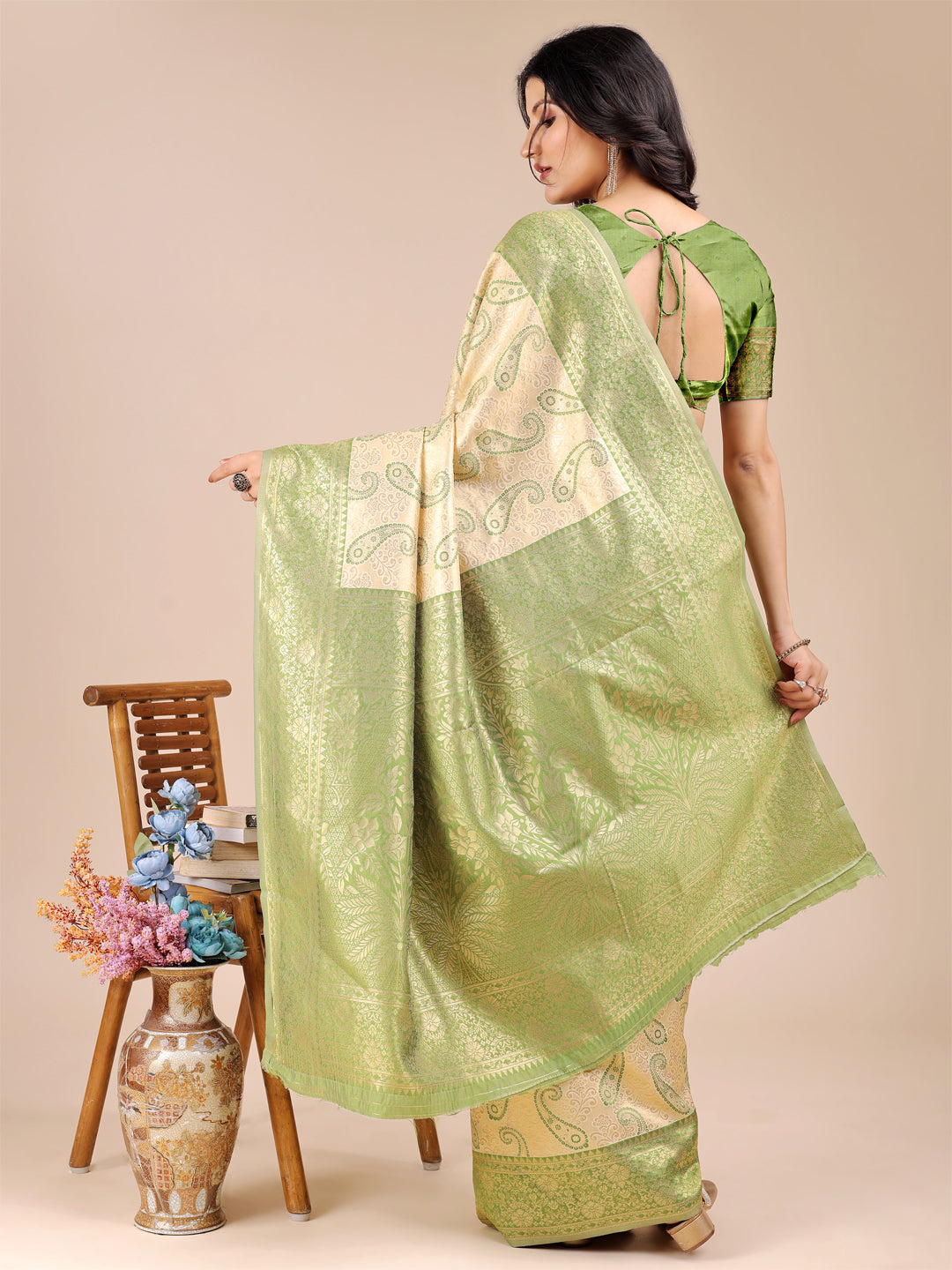 Shree Shyam Fashion Cream & Light Green Banarasi silk Woven Zari Work Traditional Tassel Saree