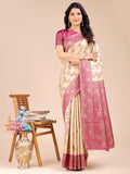 Shree Shyam Fashion Cream & Magenta Banarasi silk Woven Zari Work Traditional Tassel Saree