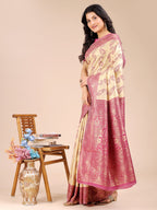 Shree Shyam Fashion Cream & Magenta Banarasi silk Woven Zari Work Traditional Tassel Saree