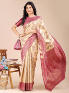 Shree Shyam Fashion Cream & Magenta Banarasi silk Woven Zari Work Traditional Tassel Saree