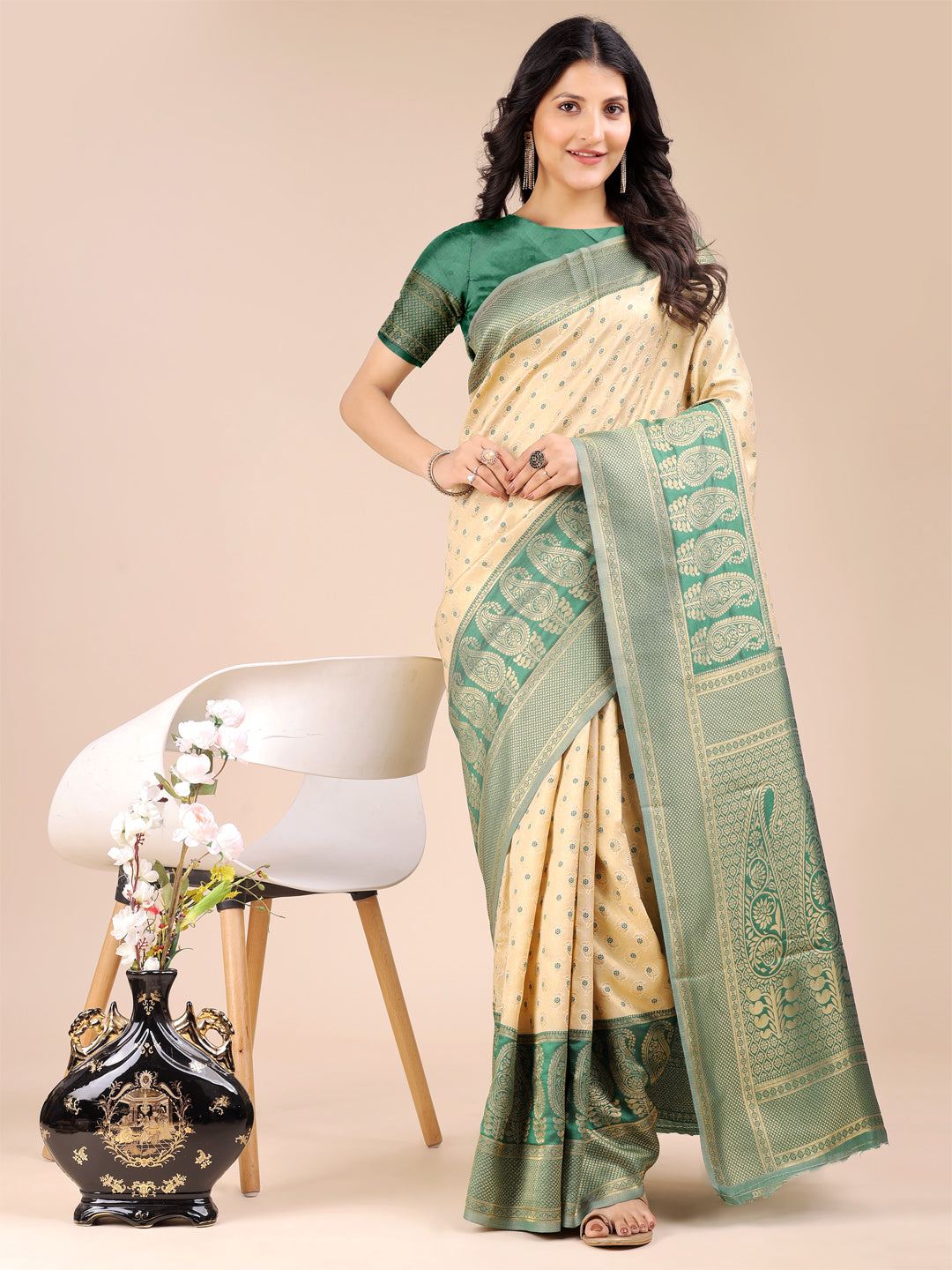 Shree Shyam Fashion Cream & Green Banarasi silk Woven Zari Work Traditional Tassel Saree