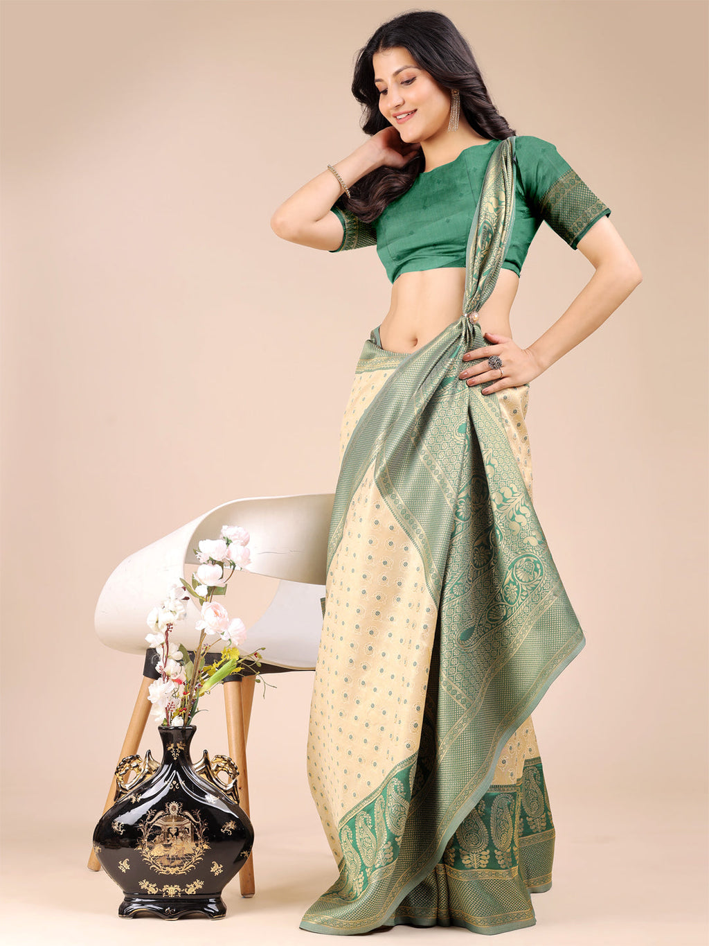 Shree Shyam Fashion Cream & Green Banarasi silk Woven Zari Work Traditional Tassel Saree