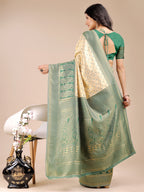 Shree Shyam Fashion Cream & Green Banarasi silk Woven Zari Work Traditional Tassel Saree