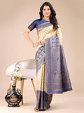 Shree Shyam Fashion Cream & Navy Blue Banarasi silk Woven Zari Work Traditional Tassel Saree