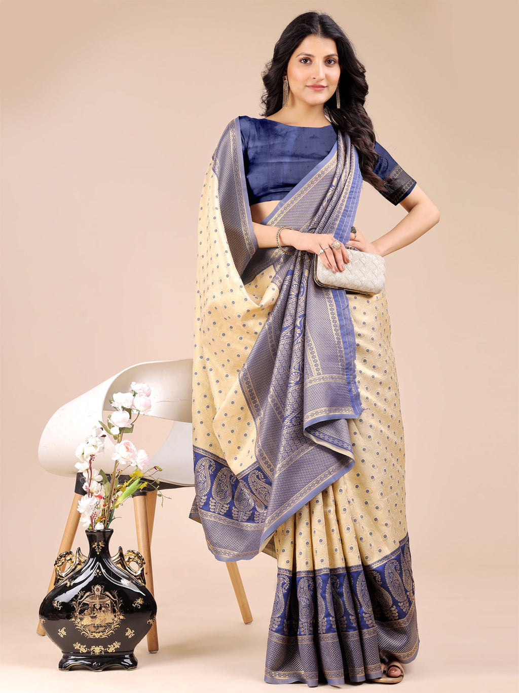Shree Shyam Fashion Cream & Navy Blue Banarasi silk Woven Zari Work Traditional Tassel Saree