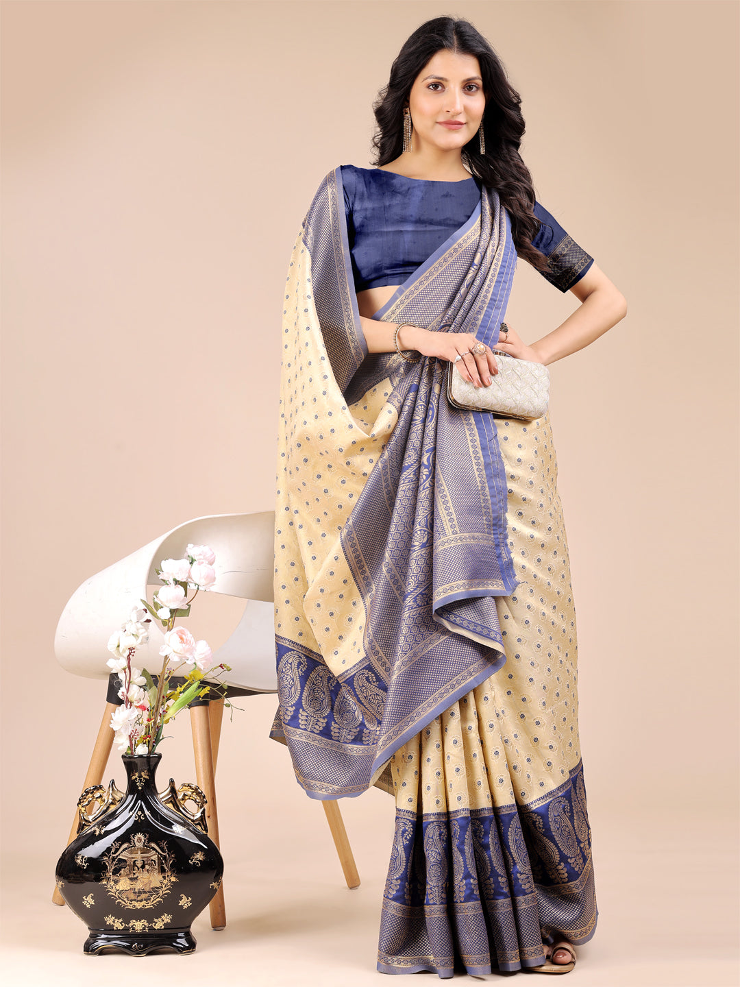 Shree Shyam Fashion Cream & Navy Blue Banarasi silk Woven Zari Work Traditional Tassel Saree