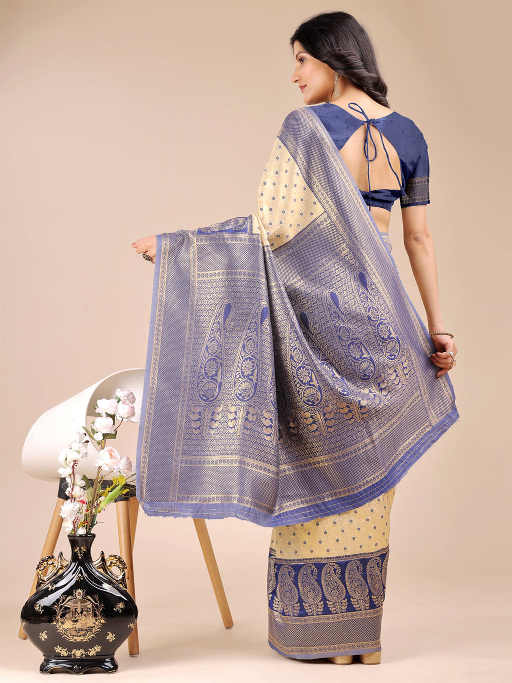 Shree Shyam Fashion Cream & Navy Blue Banarasi silk Woven Zari Work Traditional Tassel Saree