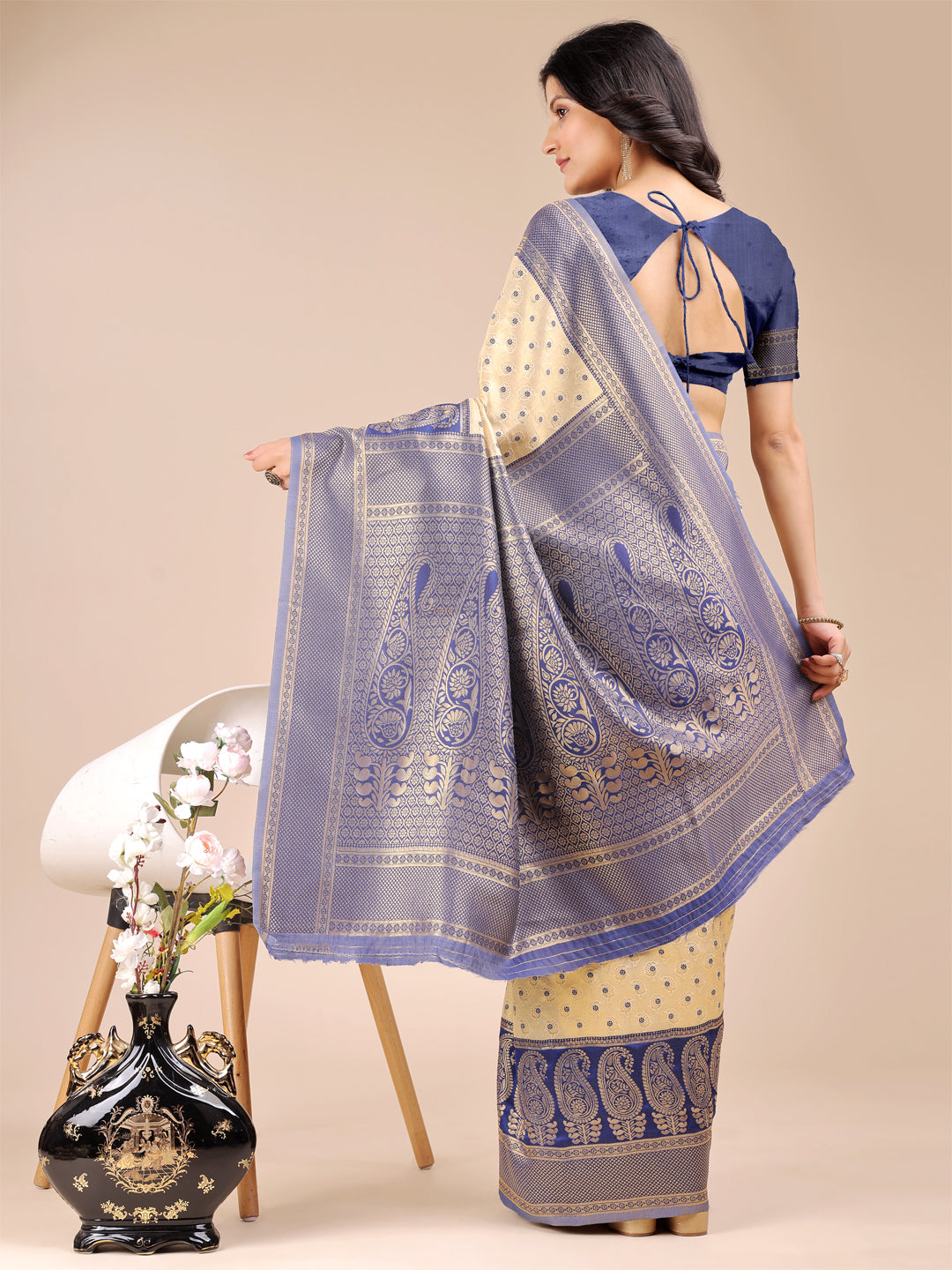 Shree Shyam Fashion Cream & Navy Blue Banarasi silk Woven Zari Work Traditional Tassel Saree
