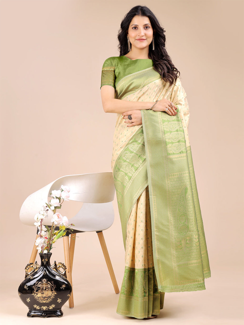Shree Shyam Fashion Cream & Light Green Banarasi silk Woven Zari Work Traditional Tassel Saree