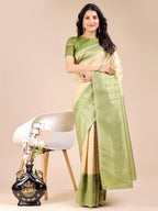 Shree Shyam Fashion Cream & Light Green Banarasi silk Woven Zari Work Traditional Tassel Saree