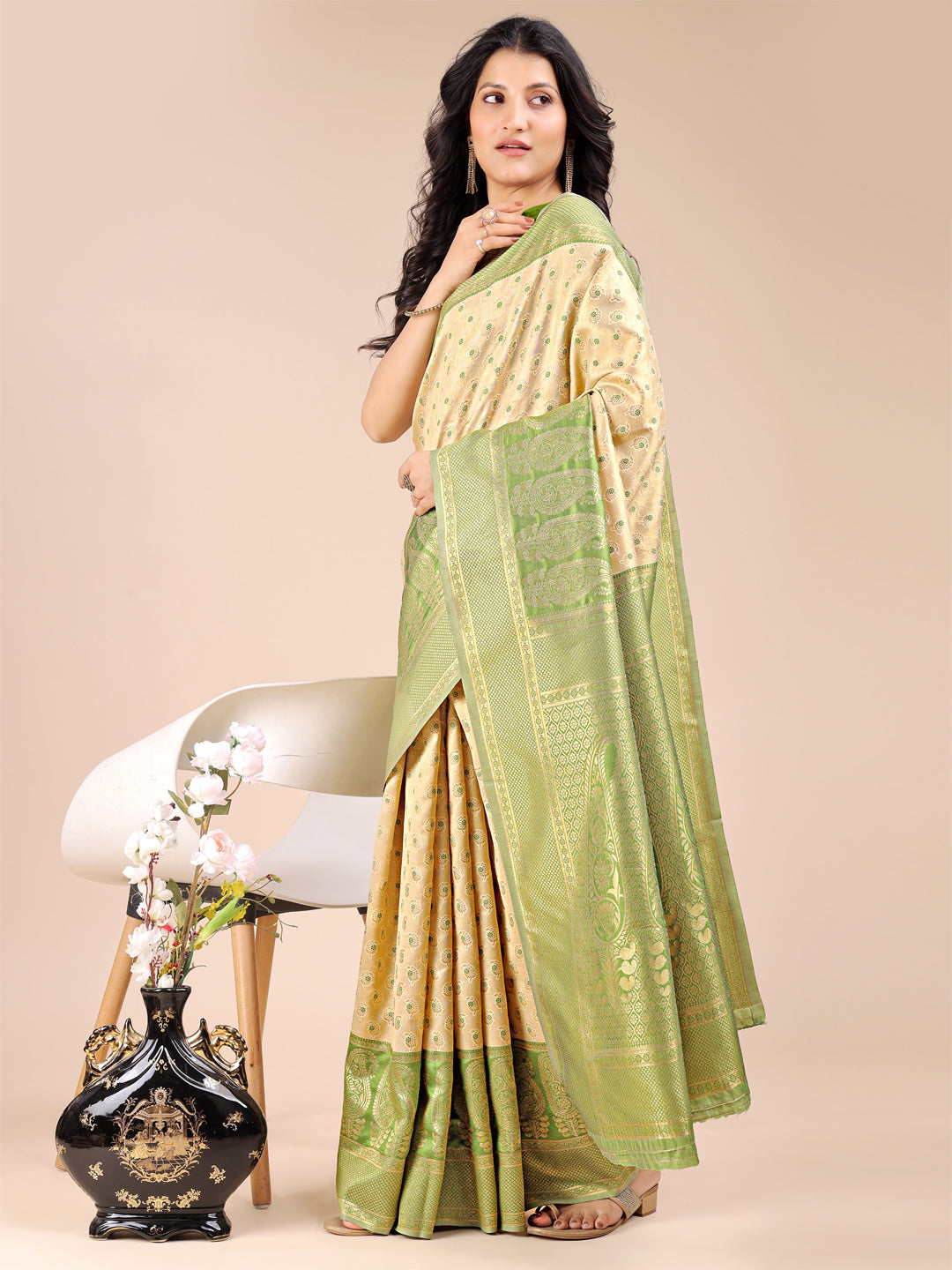 Shree Shyam Fashion Cream & Light Green Banarasi silk Woven Zari Work Traditional Tassel Saree