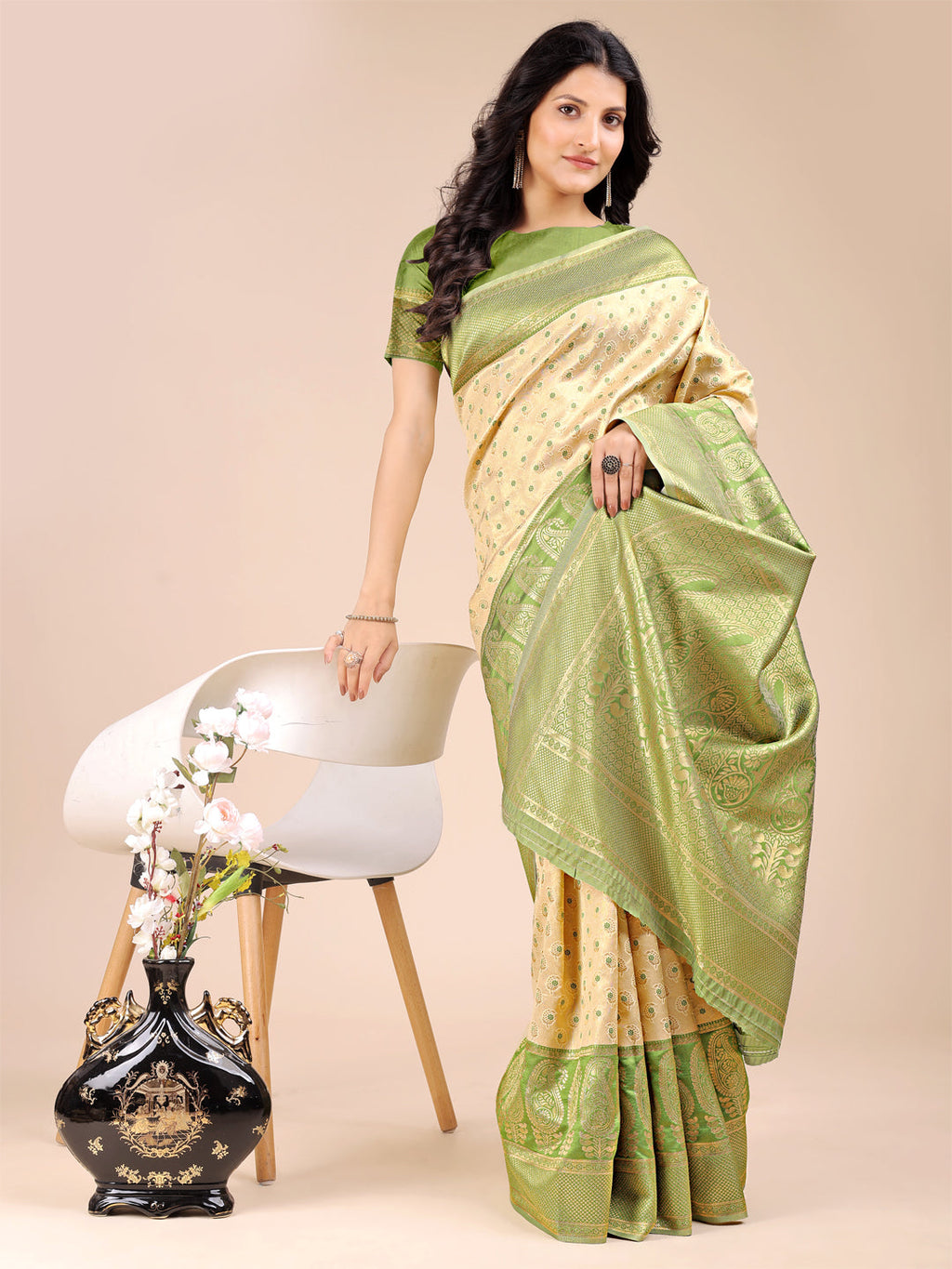 Shree Shyam Fashion Cream & Light Green Banarasi silk Woven Zari Work Traditional Tassel Saree