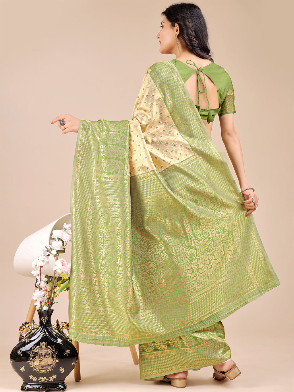 Shree Shyam Fashion Cream & Light Green Banarasi silk Woven Zari Work Traditional Tassel Saree