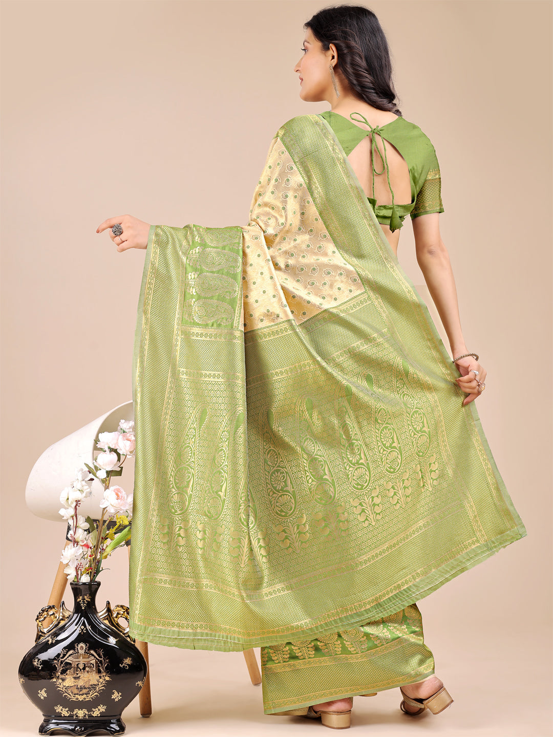 Shree Shyam Fashion Cream & Light Green Banarasi silk Woven Zari Work Traditional Tassel Saree