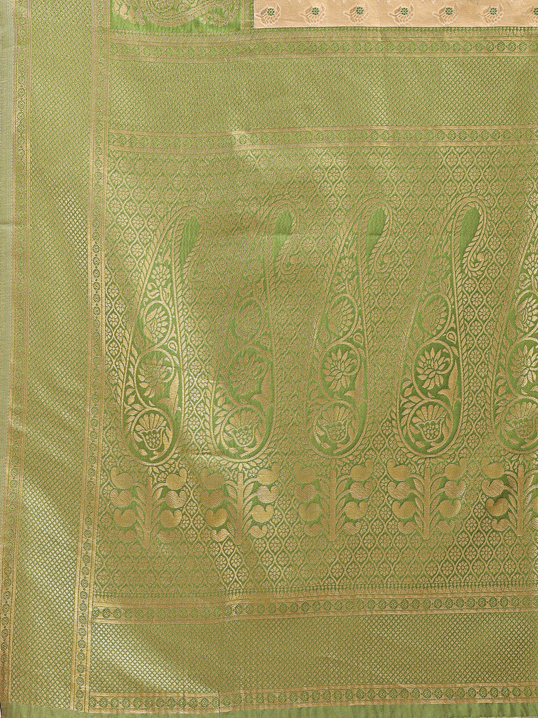 Shree Shyam Fashion Cream & Light Green Banarasi silk Woven Zari Work Traditional Tassel Saree