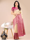 Shree Shyam Fashion Cream & Magenta Banarasi silk Woven Zari Work Traditional Tassel Saree