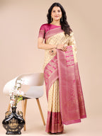 Shree Shyam Fashion Cream & Magenta Banarasi silk Woven Zari Work Traditional Tassel Saree