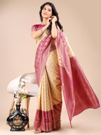 Shree Shyam Fashion Cream & Magenta Banarasi silk Woven Zari Work Traditional Tassel Saree