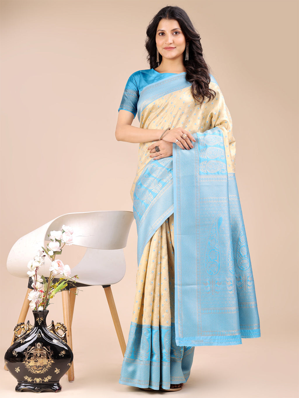 Shree Shyam Fashion Cream & Sky Blue Banarasi silk Woven Zari Work Traditional Tassel Saree