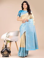 Shree Shyam Fashion Cream & Sky Blue Banarasi silk Woven Zari Work Traditional Tassel Saree