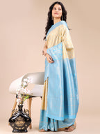 Shree Shyam Fashion Cream & Sky Blue Banarasi silk Woven Zari Work Traditional Tassel Saree