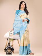 Shree Shyam Fashion Cream & Sky Blue Banarasi silk Woven Zari Work Traditional Tassel Saree