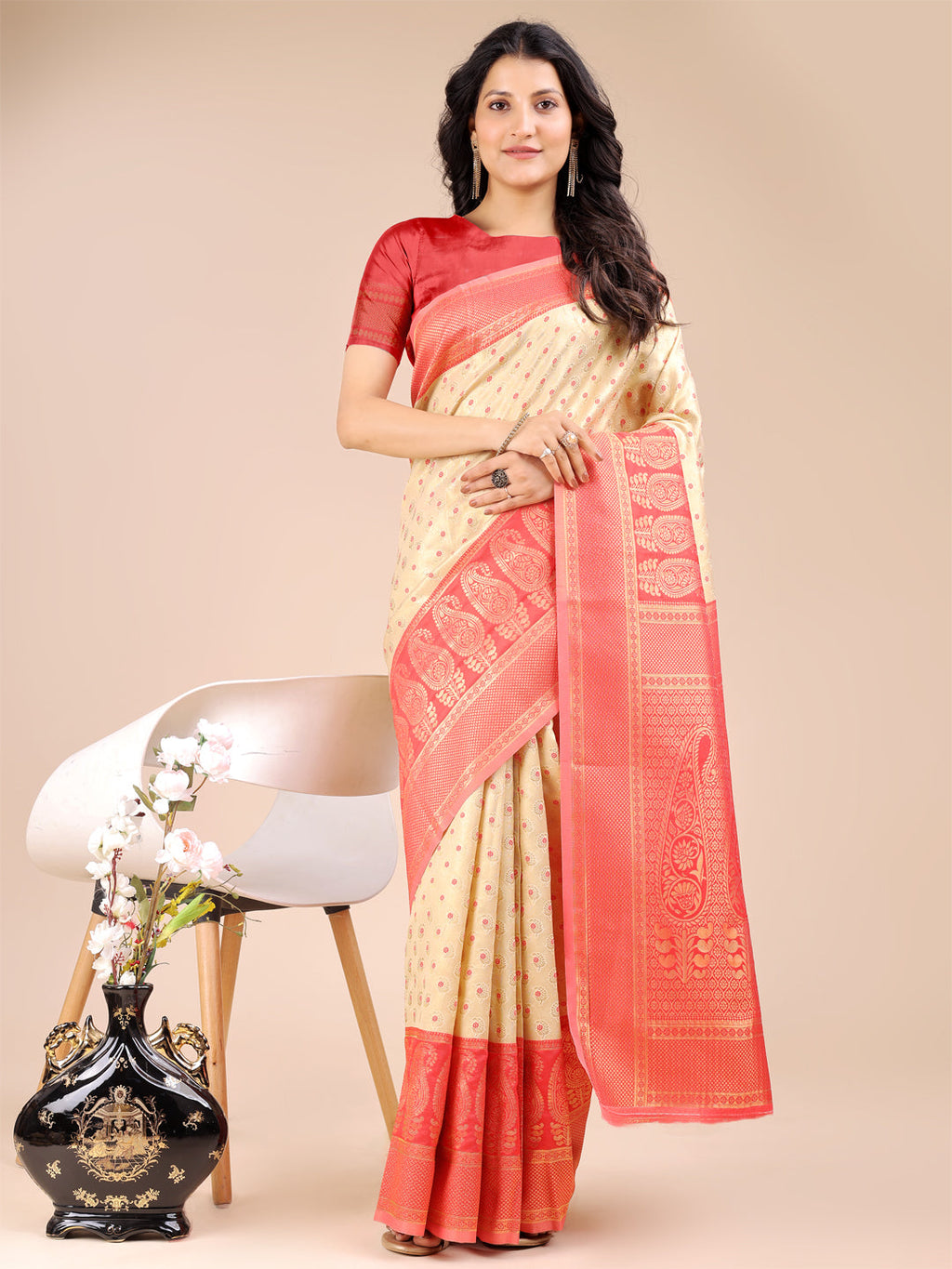 Shree Shyam Fashion Cream & Red Banarasi silk Woven Zari Work Traditional Tassel Saree