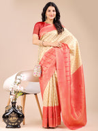 Shree Shyam Fashion Cream & Red Banarasi silk Woven Zari Work Traditional Tassel Saree