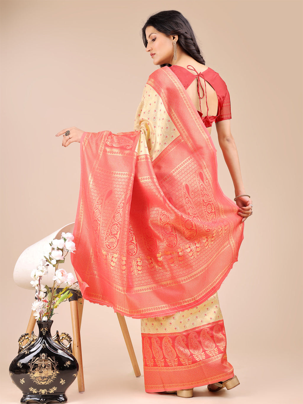 Shree Shyam Fashion Cream & Red Banarasi silk Woven Zari Work Traditional Tassel Saree