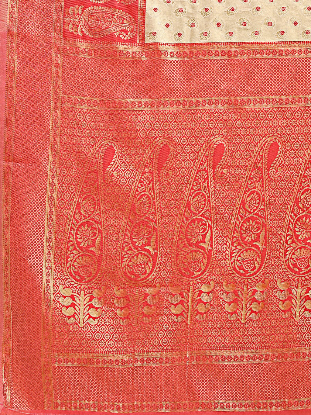 Shree Shyam Fashion Cream & Red Banarasi silk Woven Zari Work Traditional Tassel Saree