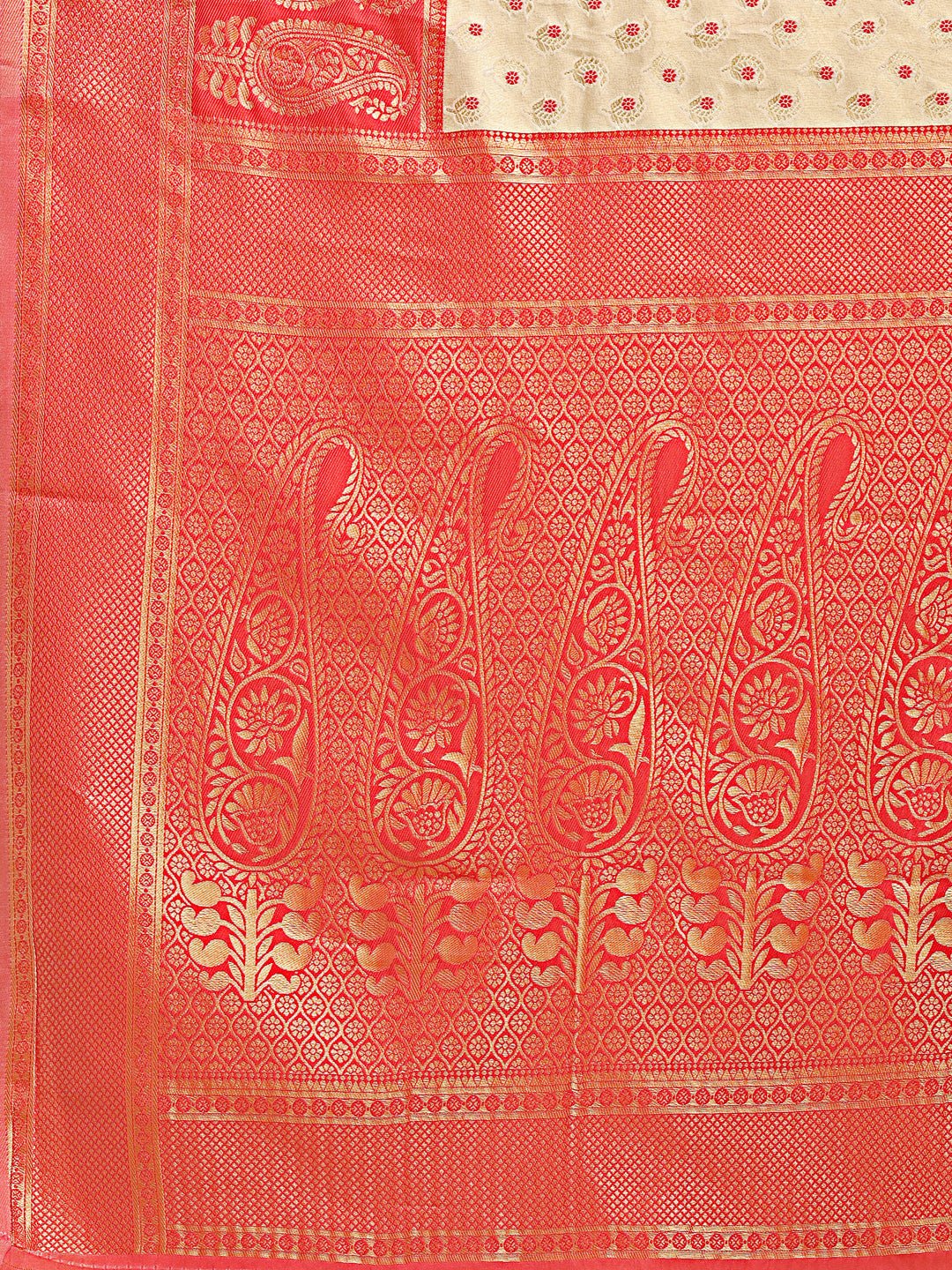 Shree Shyam Fashion Cream & Red Banarasi silk Woven Zari Work Traditional Tassel Saree