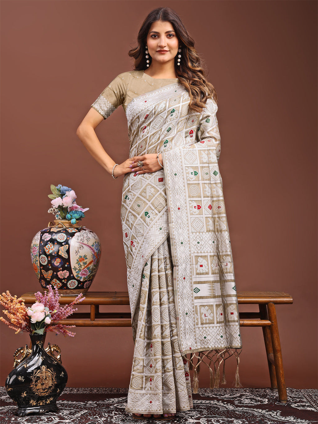 Shree Shyam Fashion Threads of Tradition: Beige Linen Cotton Saree Woven with Stories of Grace & Heritage