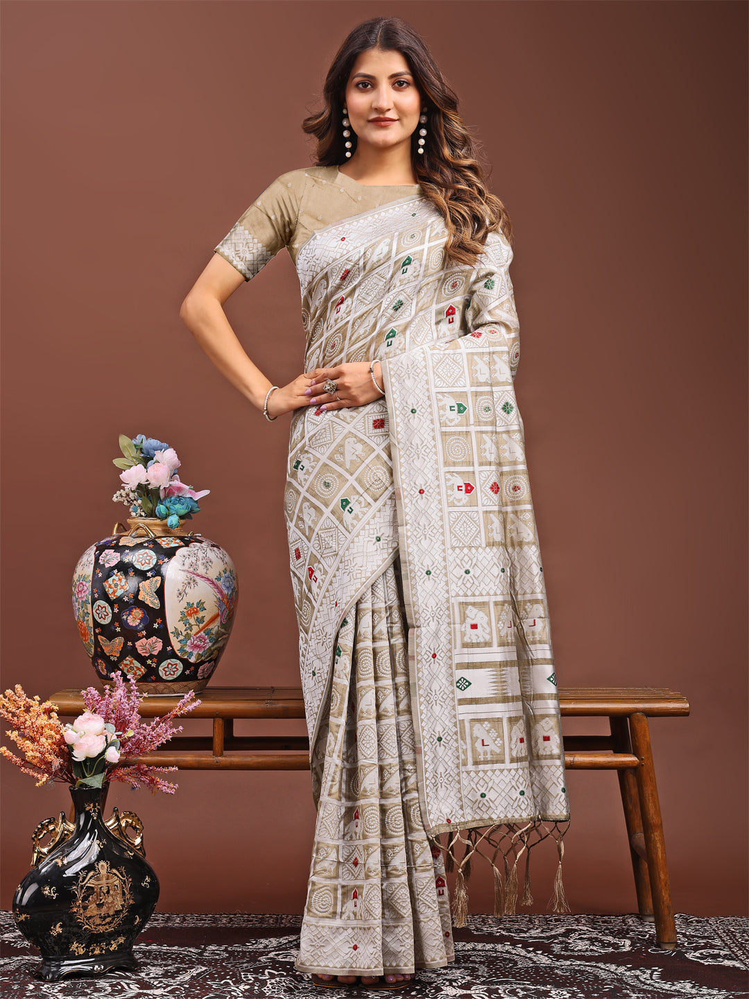 Shree Shyam Fashion Threads of Tradition: Beige Linen Cotton Saree Woven with Stories of Grace & Heritage