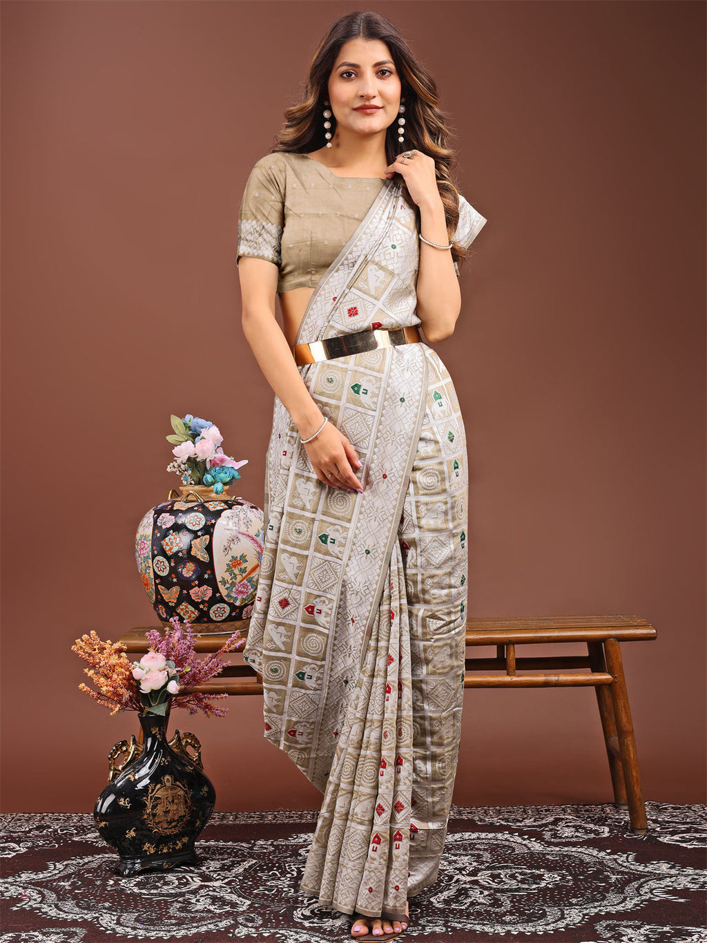 Shree Shyam Fashion Threads of Tradition: Beige Linen Cotton Saree Woven with Stories of Grace & Heritage
