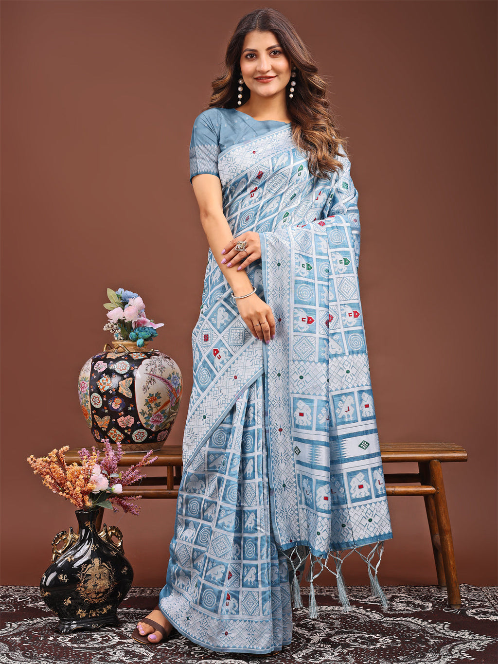 Shree Shyam Fashion Threads of Tradition: Sky Blue Linen Cotton Saree Woven with Stories of Grace & Heritage