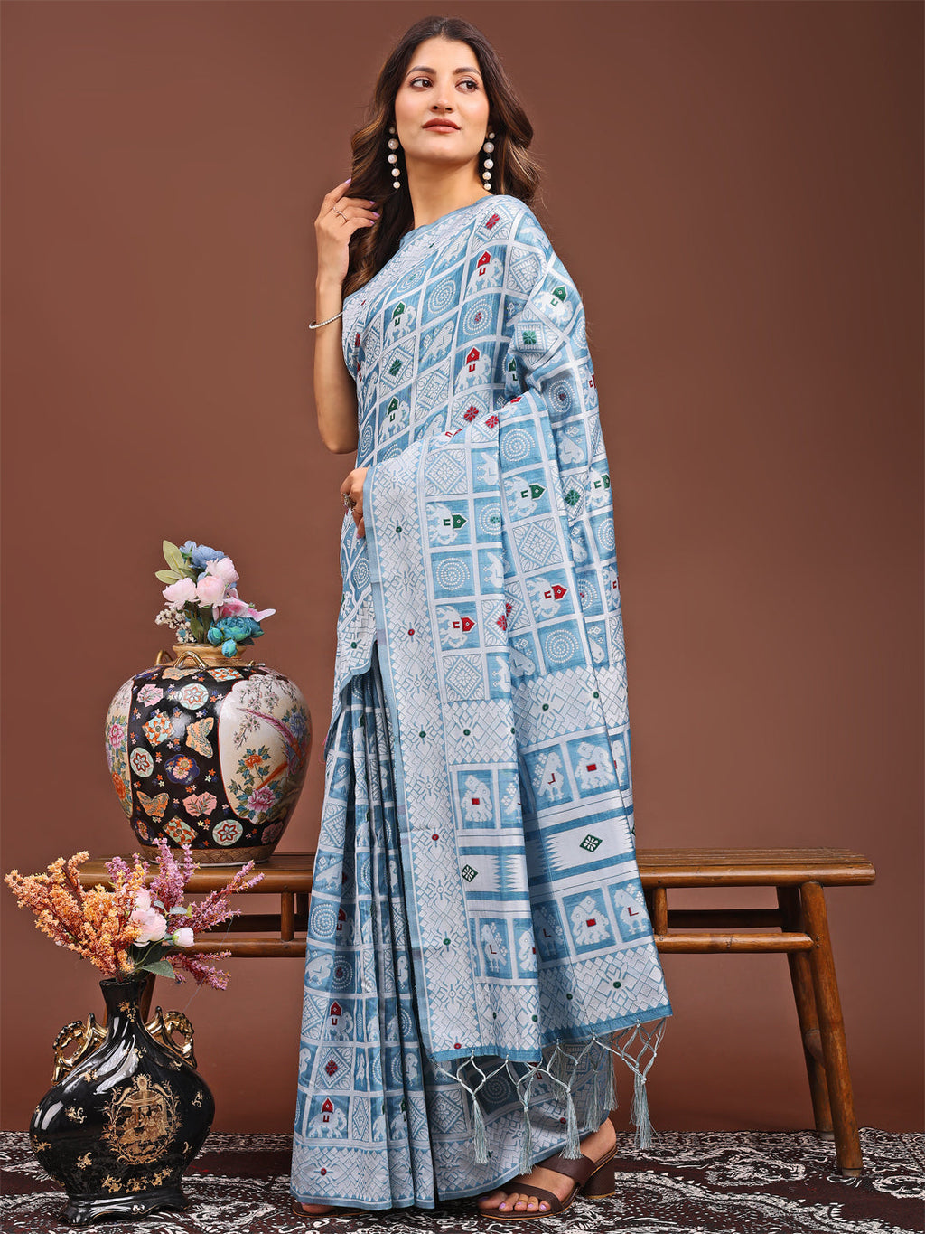 Shree Shyam Fashion Threads of Tradition: Sky Blue Linen Cotton Saree Woven with Stories of Grace & Heritage