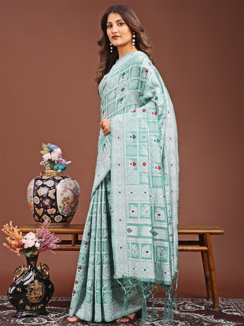 Shree Shyam Fashion Threads of Tradition: Sea Green Linen Cotton Saree Woven with Stories of Grace & Heritage