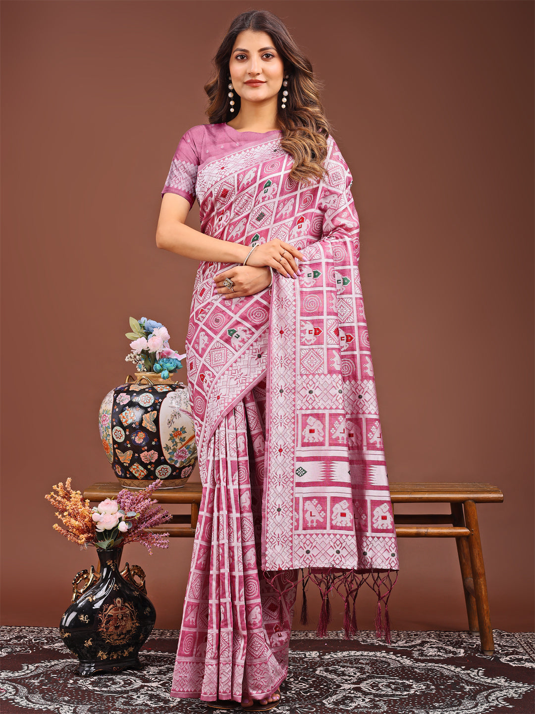 Shree Shyam Fashion Threads of Tradition: Pink Linen Cotton Saree Woven with Stories of Grace & Heritage