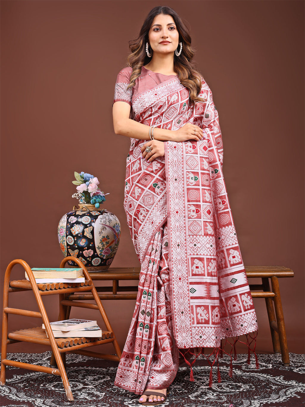 Shree Shyam Fashion Threads of Tradition: Peach Linen Cotton Saree Woven with Stories of Grace & Heritage