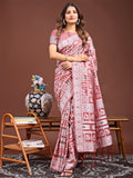 Shree Shyam Fashion Threads of Tradition: Peach Linen Cotton Saree Woven with Stories of Grace & Heritage