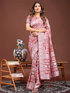 Shree Shyam Fashion Threads of Tradition: Peach Linen Cotton Saree Woven with Stories of Grace & Heritage