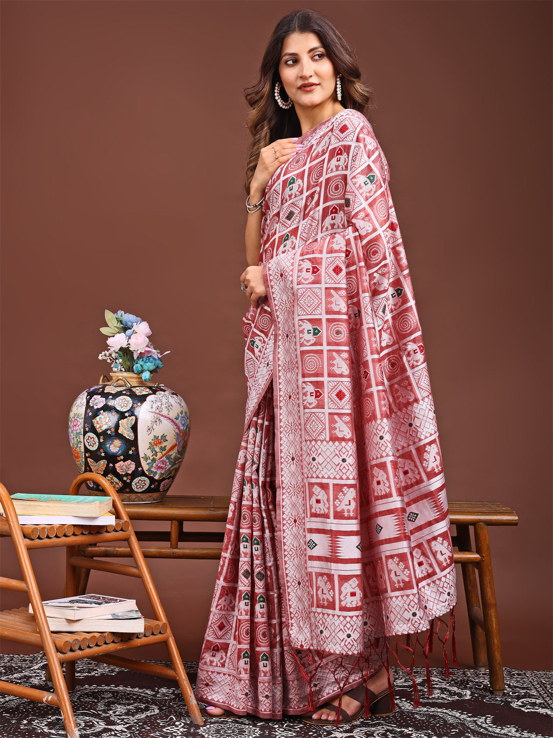 Shree Shyam Fashion Threads of Tradition: Peach Linen Cotton Saree Woven with Stories of Grace & Heritage