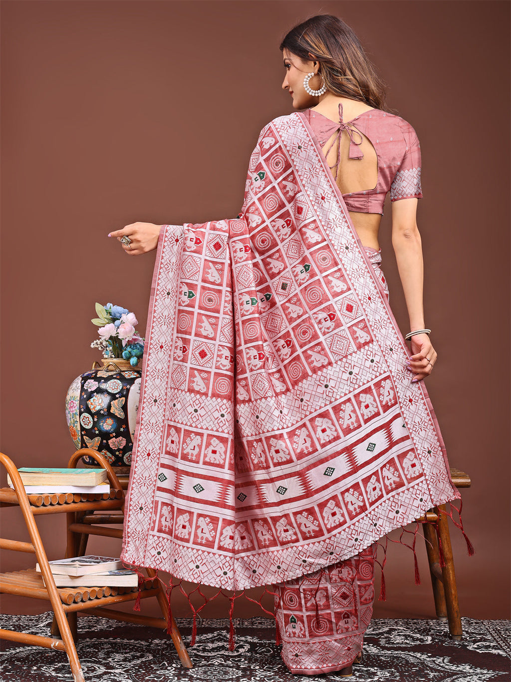 Shree Shyam Fashion Threads of Tradition: Peach Linen Cotton Saree Woven with Stories of Grace & Heritage