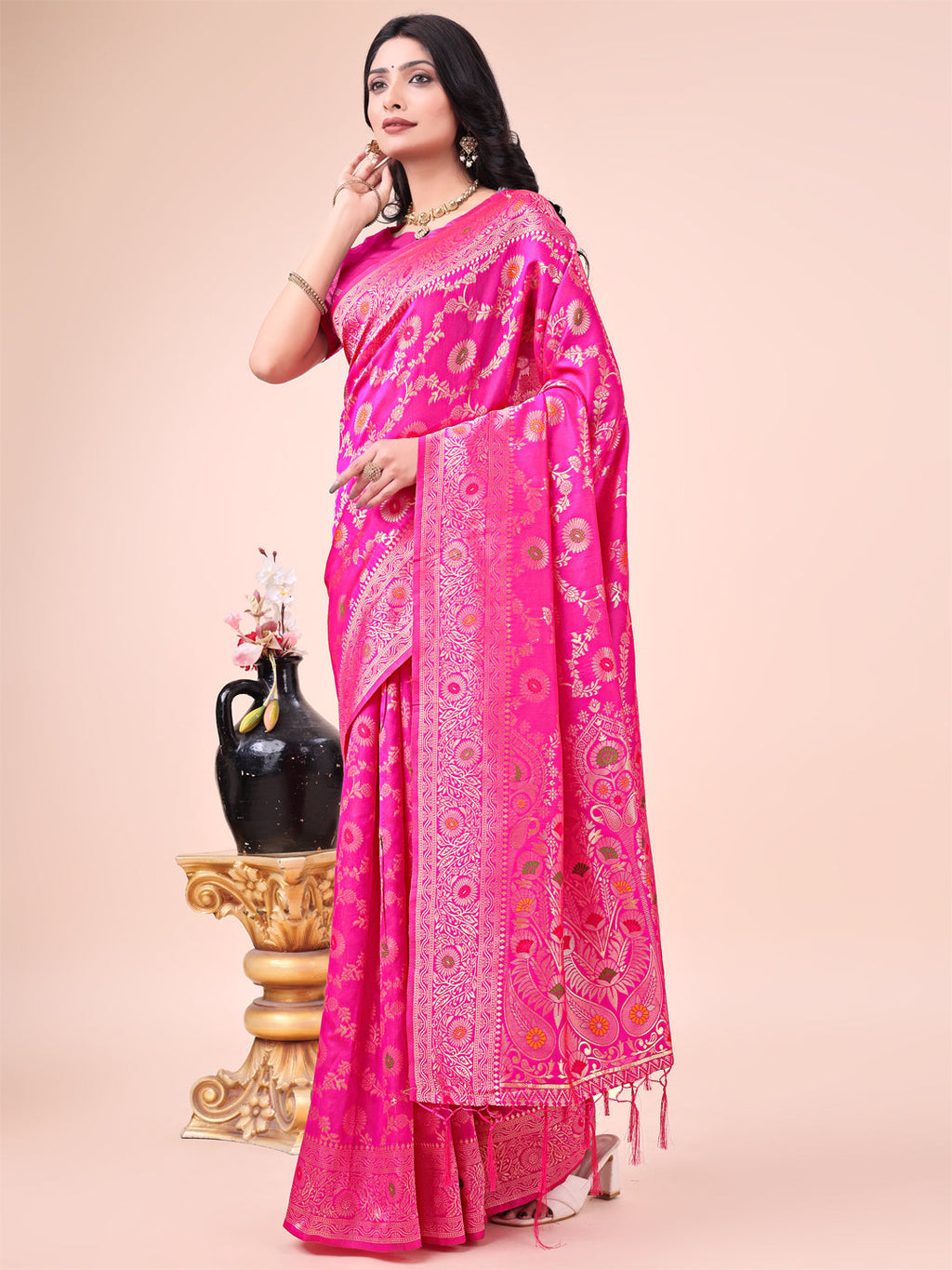 Shree Shyam Fashion Elegant Pink Banarasi Cotton Saree with Zari Leaf Motifs and Rich Pallu - Traditional Indian Saree for Festive & Wedding Wear