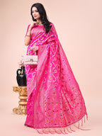 Shree Shyam Fashion Elegant Pink Banarasi Cotton Saree with Zari Leaf Motifs and Rich Pallu - Traditional Indian Saree for Festive & Wedding Wear