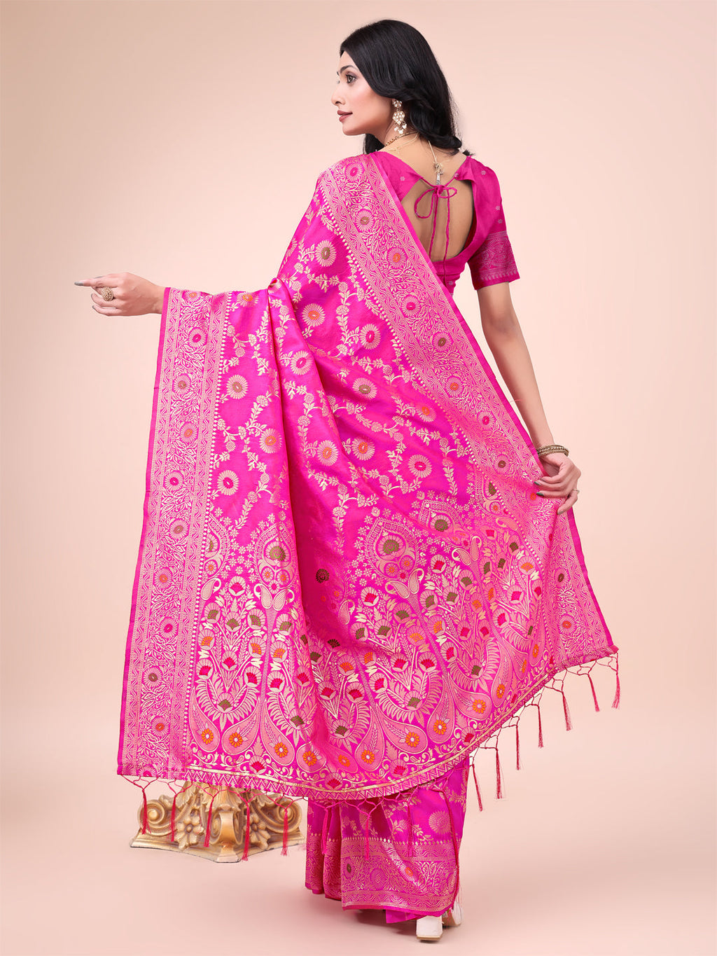 Shree Shyam Fashion Elegant Pink Banarasi Cotton Saree with Zari Leaf Motifs and Rich Pallu - Traditional Indian Saree for Festive & Wedding Wear