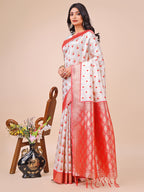 Shree Shyam Fashion White & Red Banarasi Silk Saree with Teardrop Weaving & Rich Zari Pallu - Traditional Elegance for Festive Looks